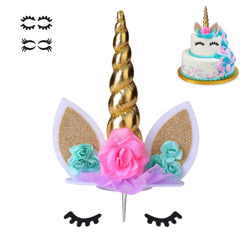 coonoe Unicorn Cake Topper,Handmade Party Cake Decoration Supplies with multiple Eyelashes,Reuasble Gold Horn for Birthday Party,Baby Shower&Weddingâ€¦ - Image 1